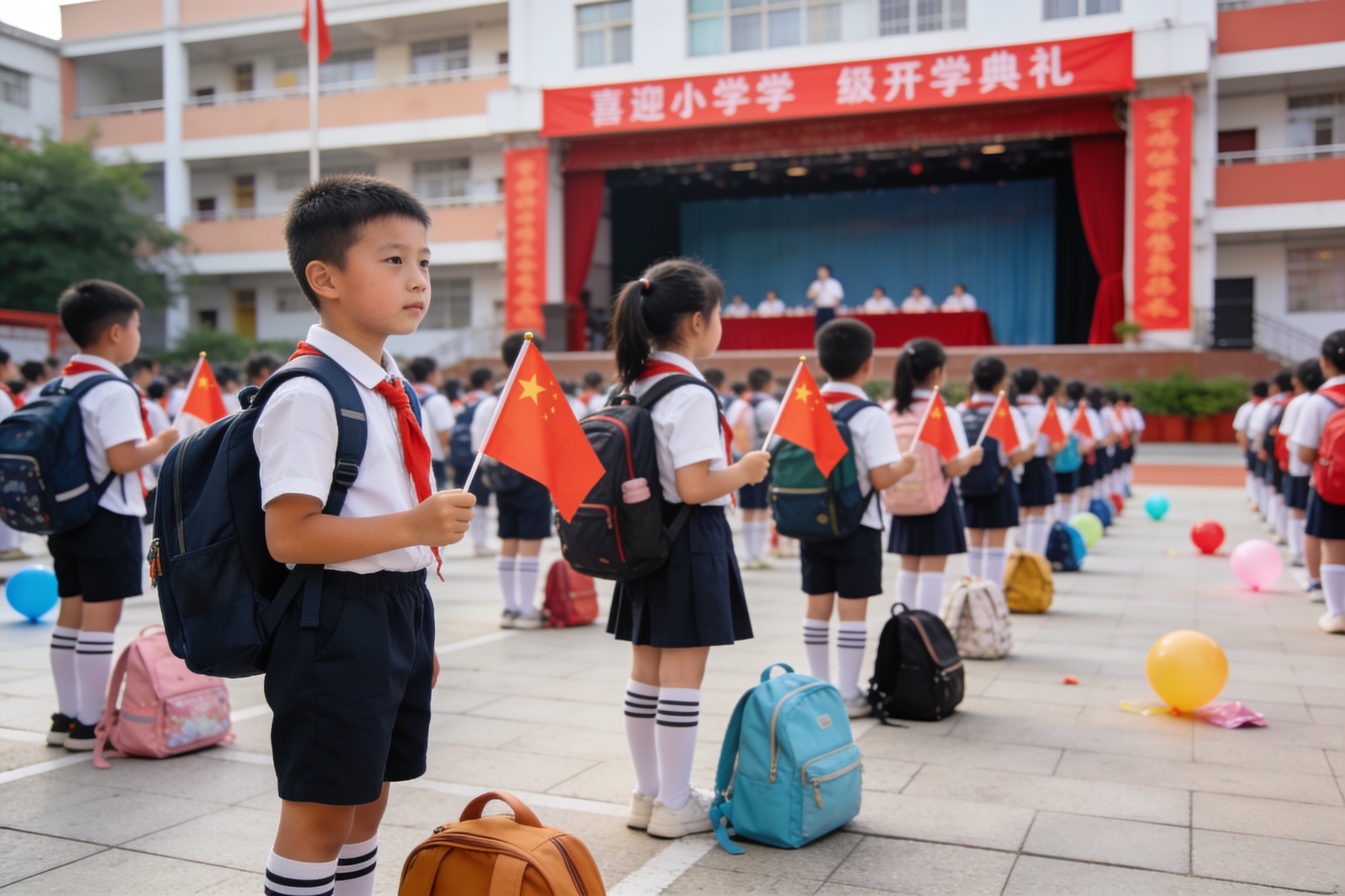 小学开学典礼现场学生排队的场景