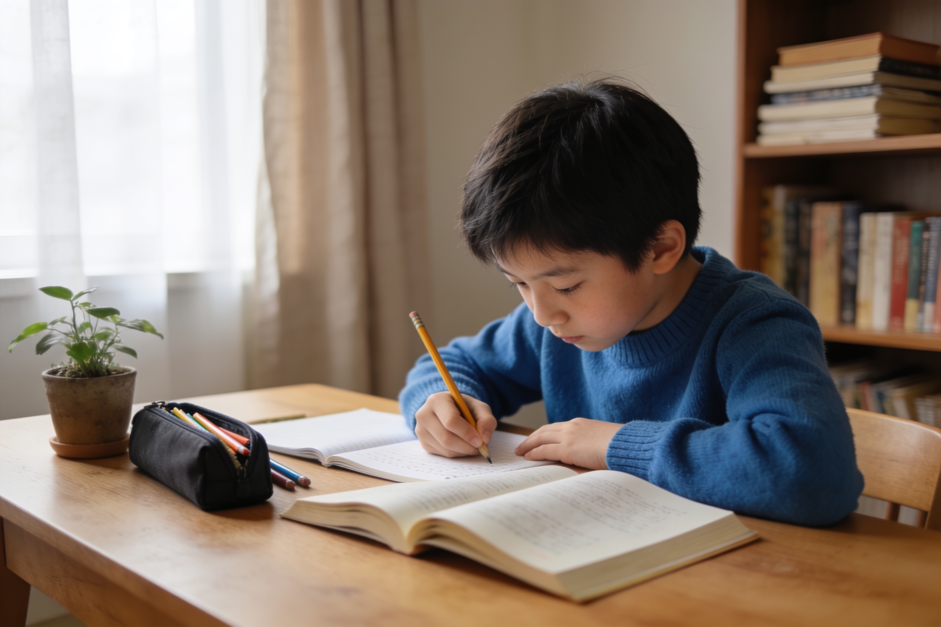 孩子在书桌前认真做作业的场景