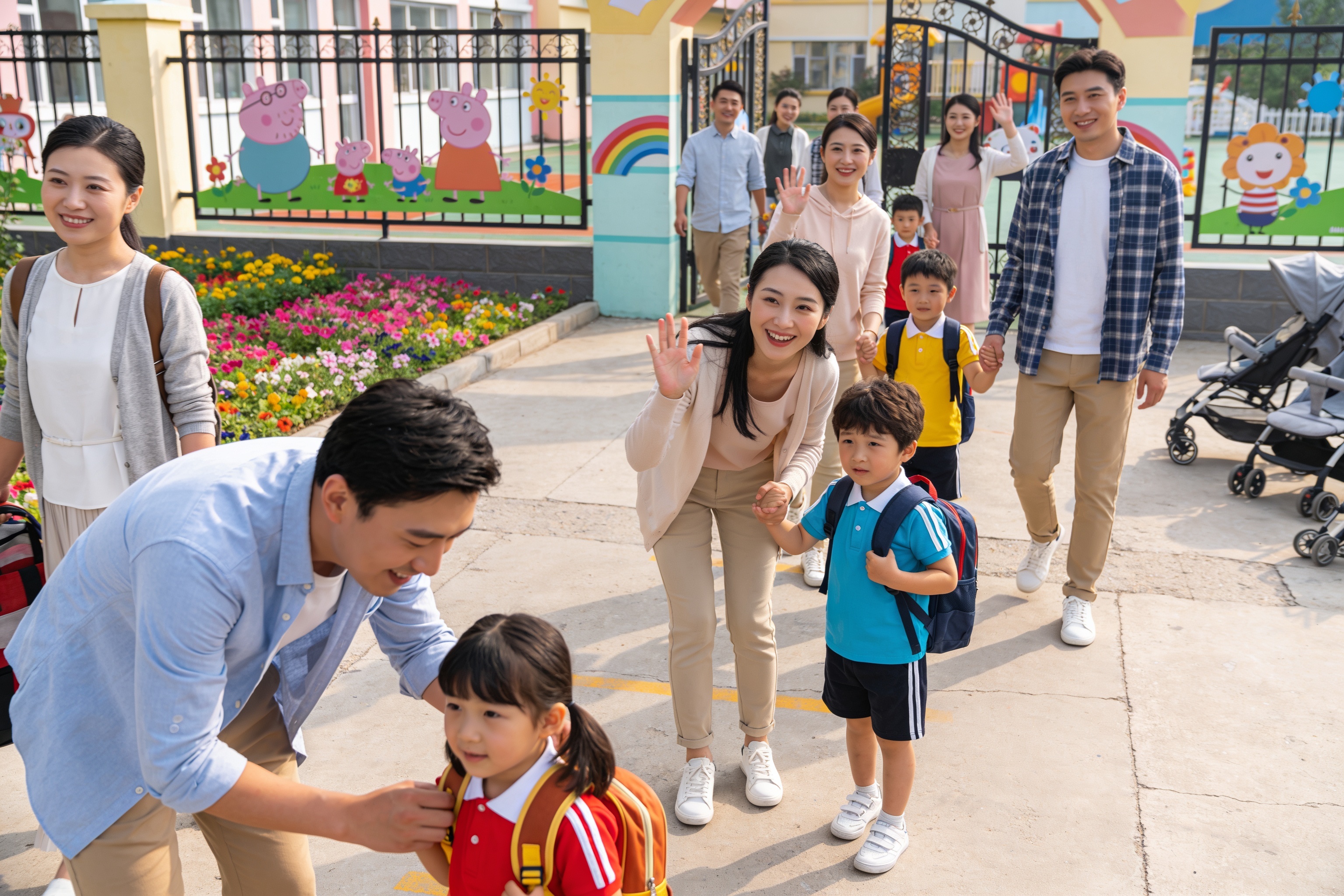 幼儿园门口家长送孩子入园的场景