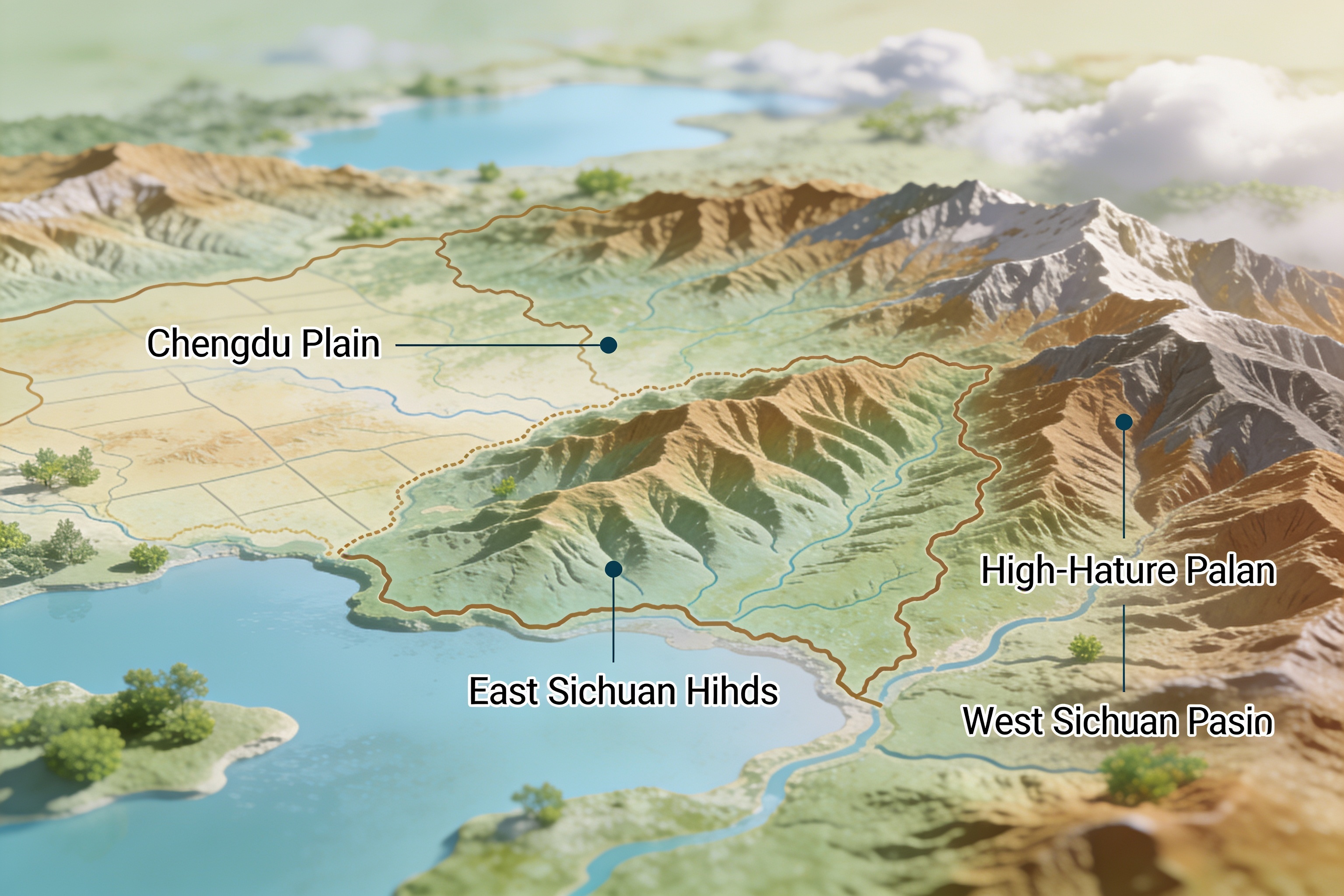 四川盆地地形图，标注成都平原、川东丘陵、川西高原等主要地理分区